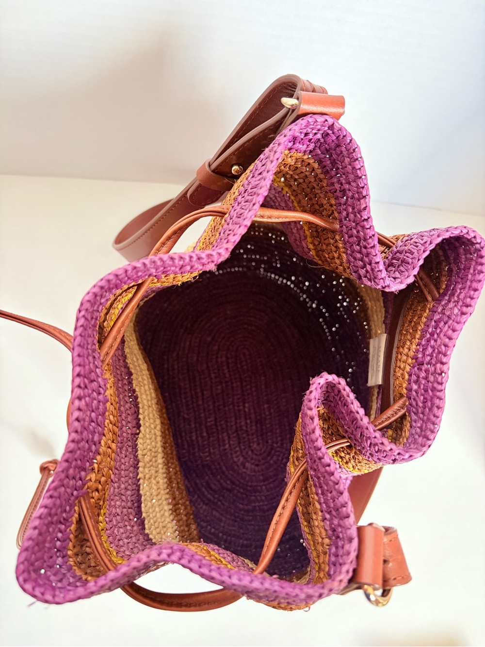 Sezane Farrow Bucket Bag Woven Shoulder Purse Raffia Leather Purple Violet Rare - Picture 13 of 14